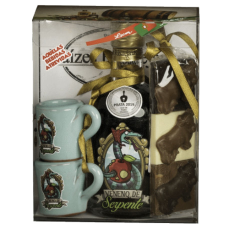 Caixa Licor Veneno de Serpente 20cl  2 canecas cor  3 chocolates