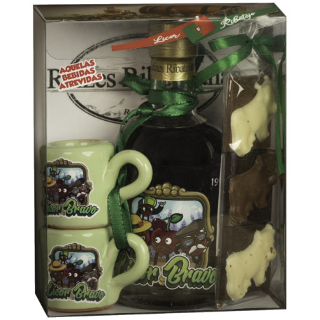 Caixa Licor Bravo (Ginjinha do Ribatejo) 20cl 2 canecas cor  3 chocolates